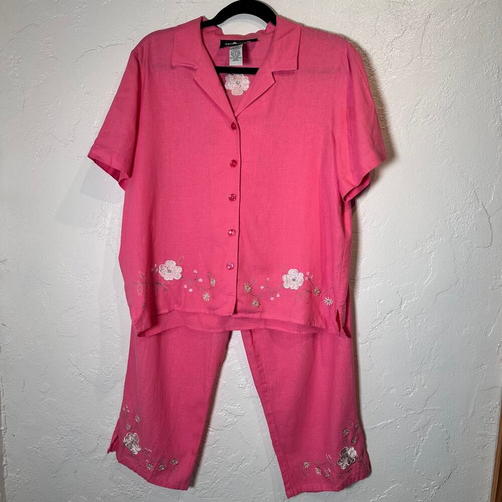 Vintage Sag Harbor Petite Size 14P Linen Blend Capri Pant Set Embroidered Coral